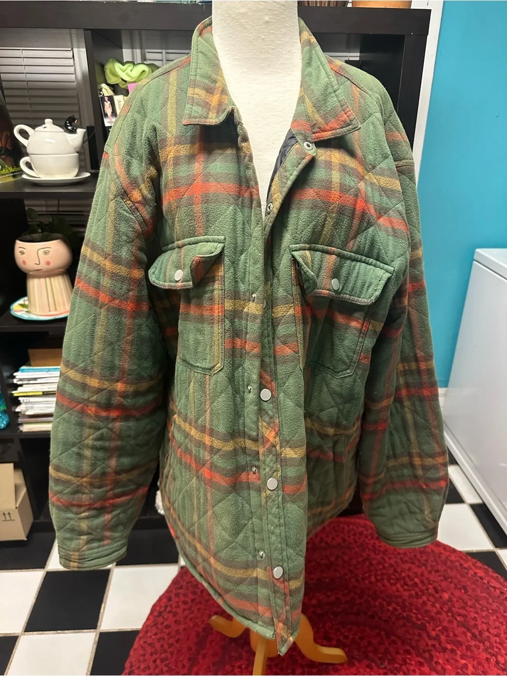 Urban Outfitters Quilted Plaid Flannel Shirt Jacket Green